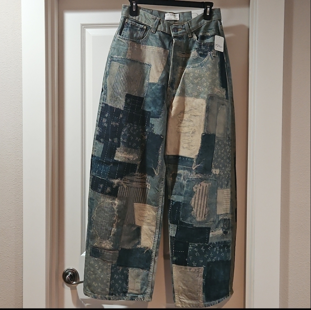 Free People Illusions Patchwork Printed Jeans Barrel Leg Relaxed Indigo 27 NWT - Picture 14 of 15